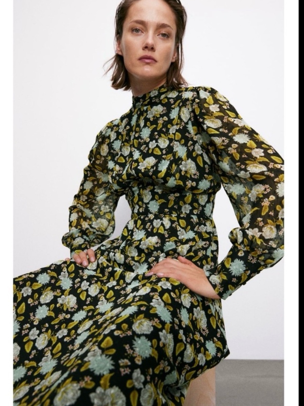 Zara Black Floral High-Neck Long Sleeve Dress